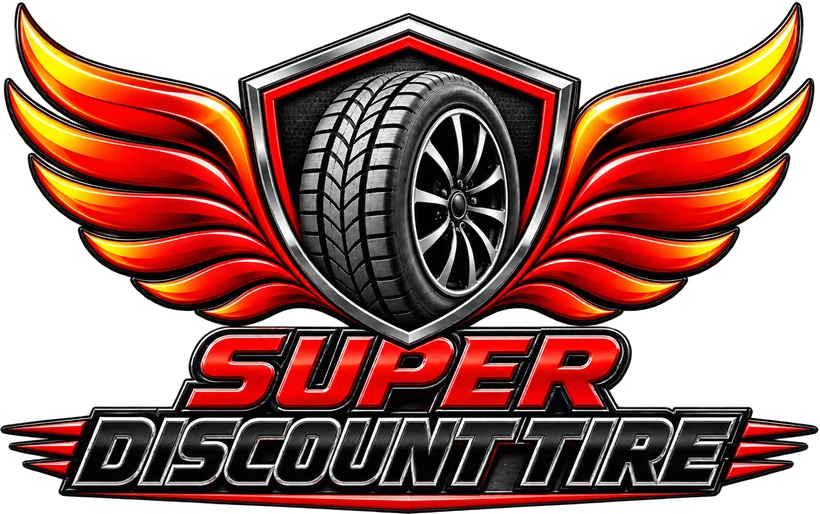 Super Discount Tire logo: a tire in a chrome shield with red flame wings